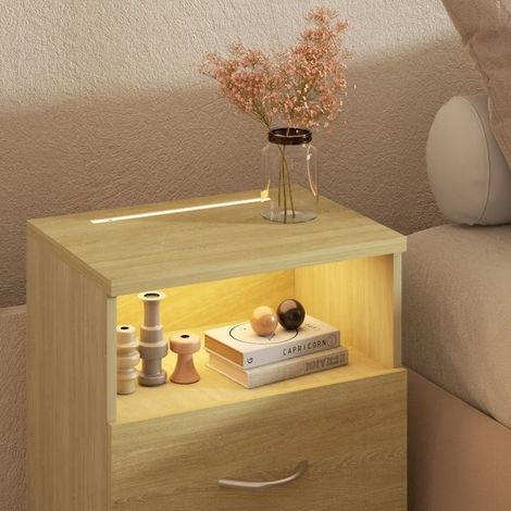 Table de chevet + LED Brun 54 x 40 x 28 cm 2 grands tiroirs (1/5)