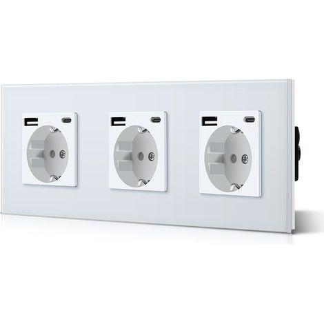 Triple prise murale Schuko en verre, type USB-C, 3-en-1, encastrable, 3 voies, puissance de charge de 2,1 A et adaptateur de type C, prise d’extension de 228 mm (blanc) (1/5)