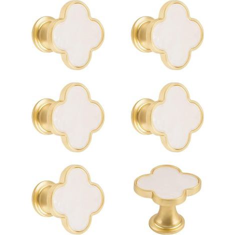 Set di 6 maniglie creative a foro singolo in lega di zinco per cassettiere, armadi, porte e mobili base dorata con superficie bianca. (1/5)