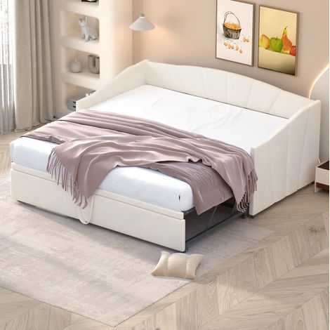Divano letto estraibile con rete in velluto beige DESVIAE (1/5)