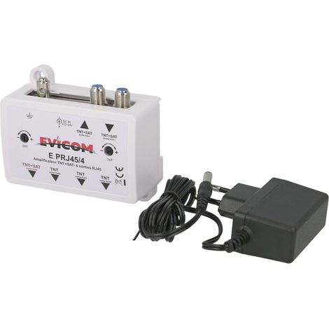 Evicom – Amplificateur TV 4 sorties RJ45 – Pour antenne terrestre et satellite – Installation collective ou individuelle – Signal renforcé (1/2)