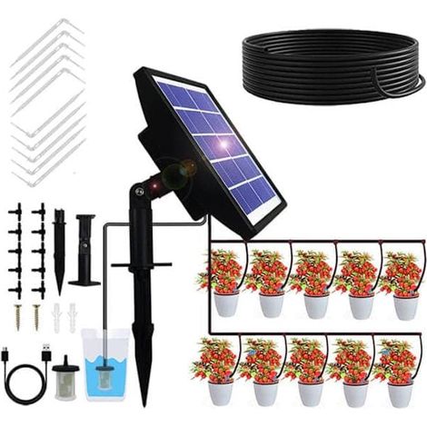 Système d'irrigation solaire avec minuterie – Arrosage goutte-à-goutte automatique de 15 m avec arrêt par siphon pour jardin, serre et potager (1/5)