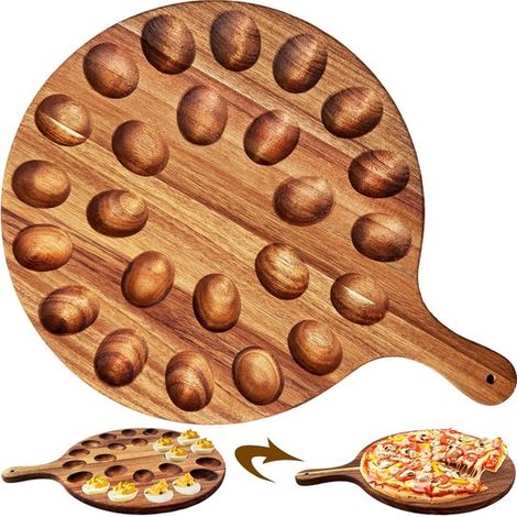Huevera redonda de madera, 36 × 30 cm, con asa, con 24 agujeros, apta para encimera o nevera, de madera, color marrón. (1/5)