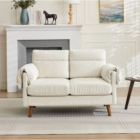 2-Sitzer Sofa Beige Chenille mit gepolsterten Kissen und Holzoptik-Beinen (1/5)
