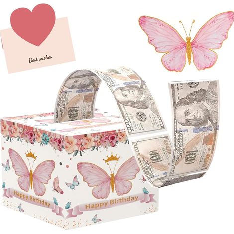Boite Cadeau pour Argent Liquide, Rose Papillon Boîtes Cadeaux, Boite Surprise Anniversaire Cash, Boite Anniversaire avec Carte de Vœux, Gift Box Argent Liquide pour Filles et Femmes (1/5)