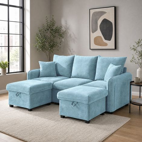 Divano angolare 3 posti con 2 pouf contenitore, trasformabile in chaise longue o letto singolo, chenille e schiuma blu (1/5)