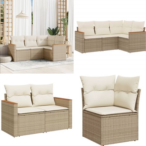 Salon de jardin avec coussins 4 pcs beige résine tressée - Ensemble Salon De Jardin - Mobilier De Jardin - Canapé Extérieur - Chaise Longue - Set De Jardin - Home & Living (1/5)