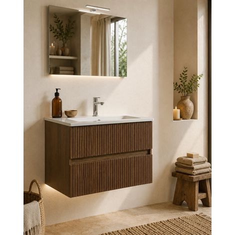 Mobile bagno 100x46 Panama cannettato rovere scuro con lavabo e specchio (1/4)