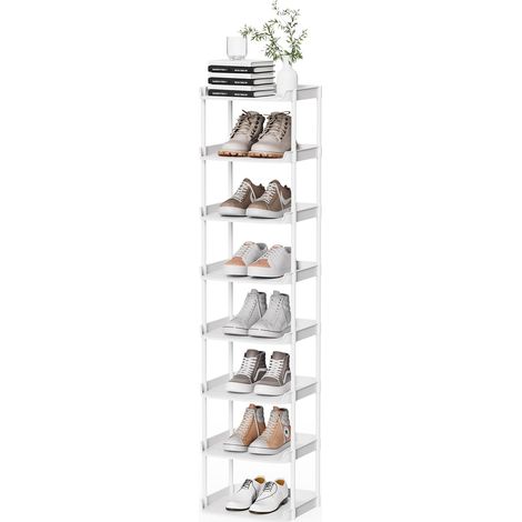 Etagere Chaussures Etroite à 8 Niveaux, Rangement Chaussures Gain de Place, Etagere Plastique Empilable, Shoe Rack pour Chambres, Couloirs, Salons, Couloirs, Blanc (1/5)
