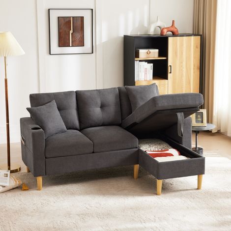 Canapé d'angle 3 places gris foncé 175x129x90cm avec méridienne, rangement et porte-gobelet, Idéal pour salon, bureau, appartement (1/5)