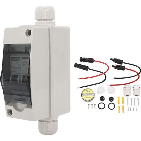 Disjoncteur CC/CA 32 A pour panneaux photovoltaïques, avec boîtier étanche pour rail DIN, 12–400 V CC, 90–400 V CA.