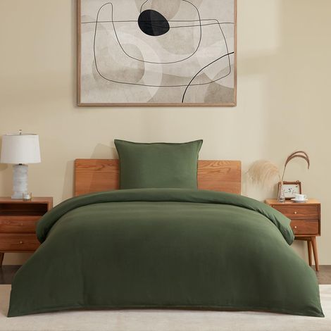 Parure de lit en lin 100 % pur lin respirant 135 x 200 cm + 1 taie d'oreiller 80 x 80 cm - Housse de couette douce délavée avec fermeture éclair - Vert (1/5)