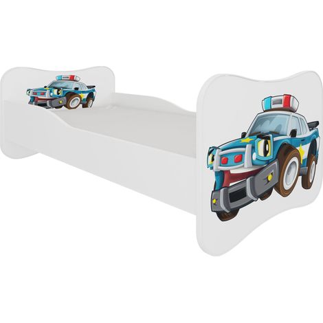 Lit enfant bois blanc imprimé voiture de police 70x140 ou 80x160 - Sommier et matelas inclus - Ondula-70x140 (1/5)