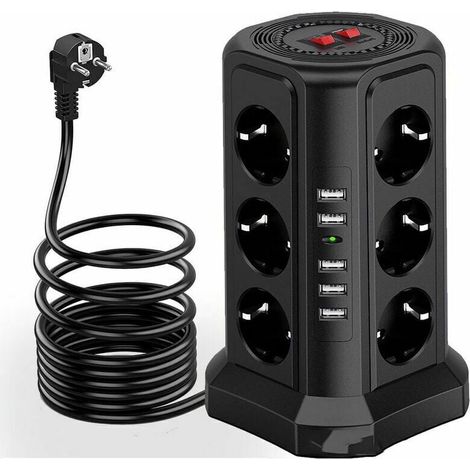 Protective power strip - Power strip with 5 USB ports and 12 outlets, 3 switches - Black. YMYNY (1/4)