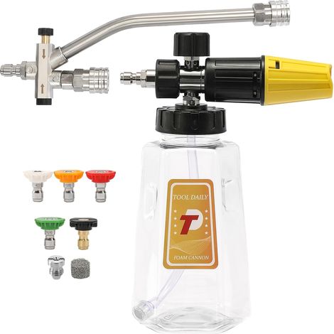 Tool Daily Canon à mousse pour nettoyeur haute pression avec accessoire à double connecteur, fixation à double pointe pour canon à savon, 5 buses de pulvérisateur pour nettoyeur haute pression, (1/4)
