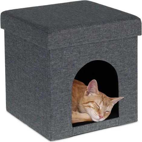 Relaxdays Tabouret à chat, refuge pour animaux, grotte petits chiens, H x L x P : 38,5 x 37 x 37 cm, gris (1/5)