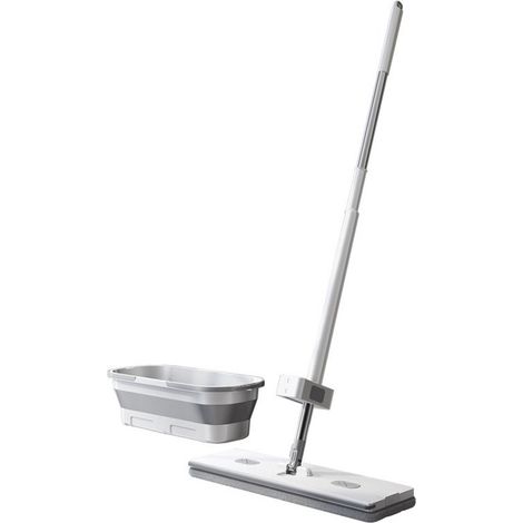 Balai à franges avec seau - Balai à franges plat avec système autonettoyant - Nettoyage à sec et humide - Balai à franges rotatif à 360° (1/5)