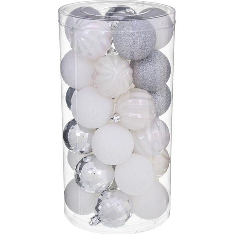 Lot de 30 Boules de Noël "Colorama" 6cm Argent & Blanc