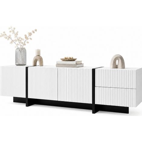 Meuble TV 190 cm à 3 portes et 2 tiroirs, design blanc et noir, rangement spacieux, charnières amorties, MDF et panneau de particules CHICFURN (1/5)