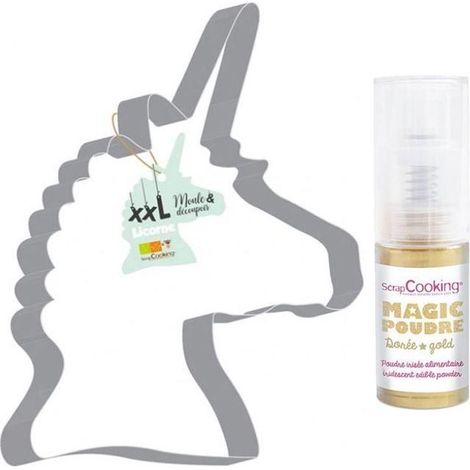 Découpoir à pâtisserie inox XXL Licorne + 1 poudre alimentaire irisée dorée