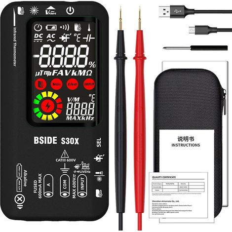 BSIDE Digitalmultimeter mit Infrarot-Thermometer, LCD-Farbdisplay, Handmultimeter, 9999 True RMS-Messung