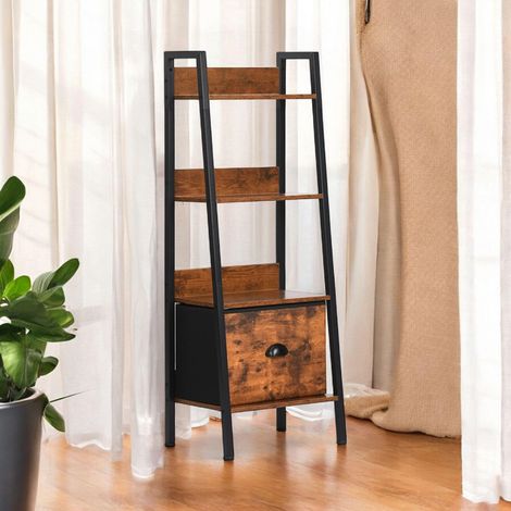 Étagère Rangement de Salon, Étagère Échelle à 4 Niveaux, H 110CM Bibliothèque Industrielle, Étagères D'exposition pour Le Salon, Rangement avec Tiroirs en Non-Tissé, 42 x 29 x 110 cm (1/5)