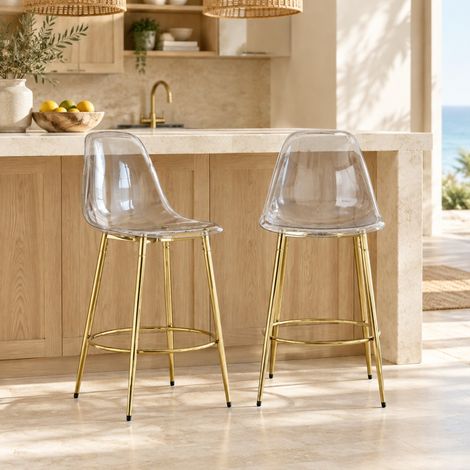 2er-Set transparente Barhocker aus PET mit goldenen Metallbeinen, Höhe 102 cm (1/5)