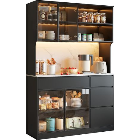 Dewalt –Hochschrank, Vitrine, Anrichte, Sideboard, Esszimmerschrank, Wohnzimmerschrank, Noir-Blanc Optik, Marmoroptik-Mittelteil, MDF-Korpus, Glaselemente, integrierte LED-Leuchten, vielfältiger Staur (1/5)