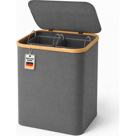 Roxlin Wäschekorb XXL 150L Bambus faltbar Deckel 2 Fächer Sortierer - Grau