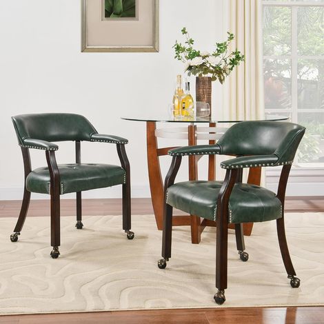 PADMA HOUSE Set of 2 Large Dining Chairs with Casters and Arms, Rolling Dining Chairs with Wheels, Accent Game Poker Chairs, Boss Caption's Chairs, Solid Wood Legs and Faux Leather Seat, Green XXY-191 (1/5)