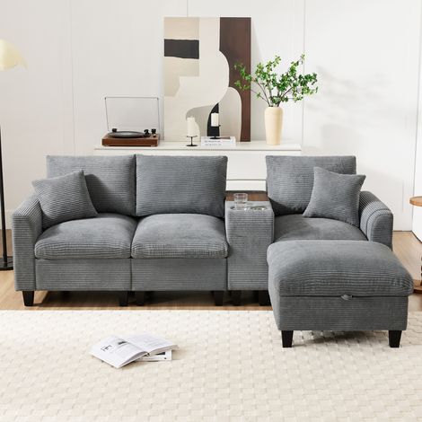 L-Ecksofa 229 x 149,5 x 83 cm aus grauem Cordstoff mit Konsole und Hocker – MEUBLIV (1/5)