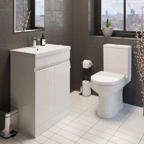 Modern Bathroom Cloakroom Suite Close Coupled Toilet 600mm Vanity Unit Sink