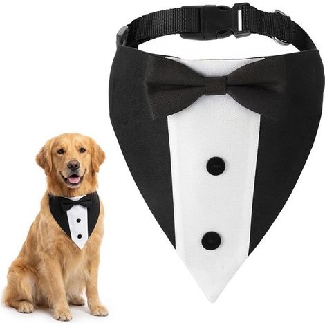 Longziming - Smoking formel pour chien - Nœud papillon formel pour chien - 1 pièce - Collier smoking ajustable pour chien - Fermeture à boucle rapide - Coloris noir et blanc amovible - Confortable pou (1/5)