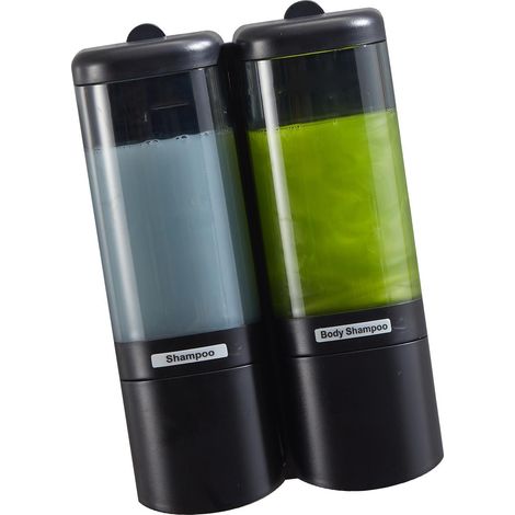 Manueller Flüssigseifenspender mit 2 Kammern, 480 ml, auslaufsicher, Wandmontage, Seifen- und Duschgelspender für Shampoo, Flüssigseife und Duschgel, Badezimmer, Küche, Schwarz (1/5)