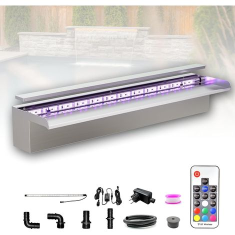 Kit de Lames Cascade de Bassin de 60 cm, Cascade en Acier Inoxydable 304, Fontaine de Piscine extérieure avec lumières LED 7 Couleurs et télécommande, Largeur 15 cm (1/5)