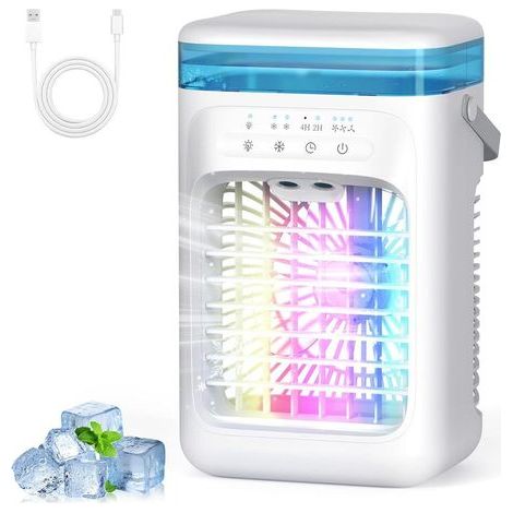 Climatiseur Mobile 1000 ml, Refroidisseur d'air 4 en 1, Climatiseur Portable avec 3 Vitesses, Veilleuse 7 Couleurs, Minuteur 2-4H, Ventilateur Brumisateur pour Chambre à Coucher, Bureau, Salon [Classe (1/5)
