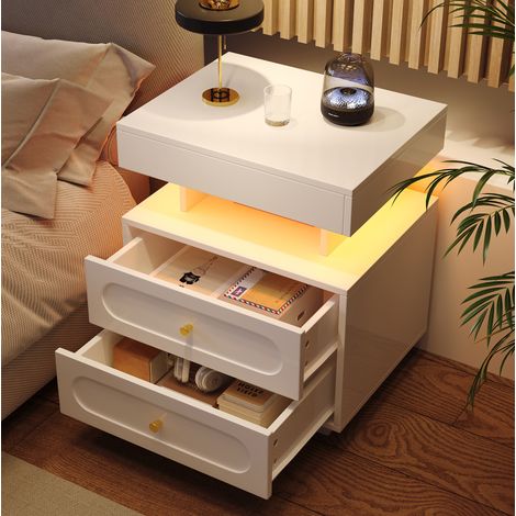 Table de chevet LED avec 2 tiroirs et niche ouverte, blanche HAVRYA (1/5)