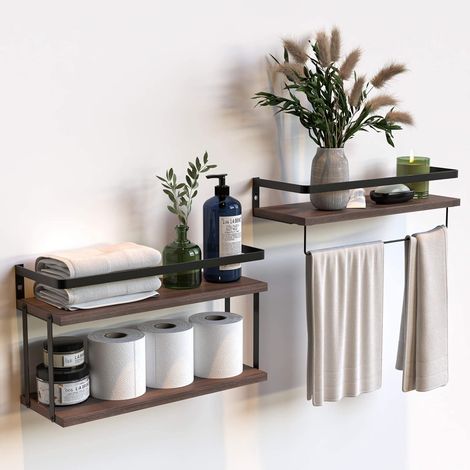 2-stöckige und 1-stöckige schwebende Wandregale (2er-Set) mit Metallrahmen, für Badezimmer, Küche und Schlafzimmer, mit Papierhandtuchhalter und Handtuchstange - Dunkelbraun (1/5)