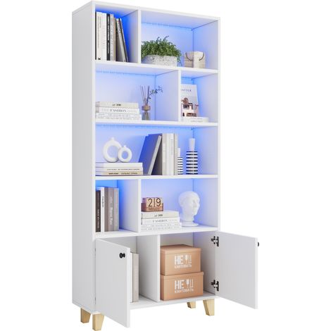 Bücherregal mit 2 Türen und 7 Fächern, LED-Farbwechsel, Beine aus Massivholz, aus MDF, 80×30×173 cm, Weiß (1/5)