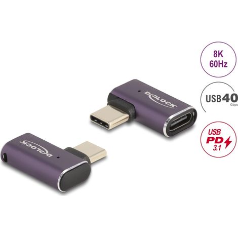 Delock USB Adaptador 40 Gbps USB Type-Câ¢ PD 3.1 240 W macho a puerto hembra sesgado hacia la izquierda y hacia la derecha 8K 60 Hz metal