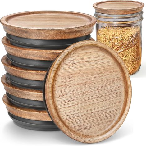 6-Pack Wide Mouth Wooden Mason Jar Lids for Ball/Mason Jars, Reusable Acacia Wood Mason Jar Lids with Silicone Seal, Perfect for Dry Food Storage