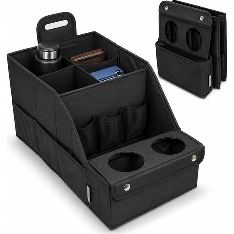 Car Trunk Organizer, Foldable Storage Bag with Compartments, Double Cup Holders and Side Pockets, Oxford Fabric Storage Box for SUV, Sedan, Truck (1/5)