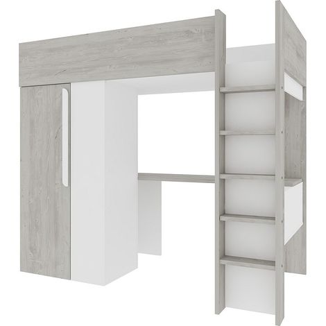 Letto a soppalco 90 x 200 cm con armadio e scrivania Naturale Grigio e Bianco - NICOLAS