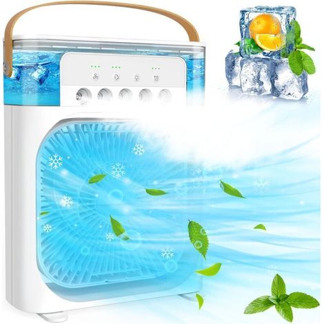 Mini climatiseur portable - Avec 3 vitesses - Minuterie 1/2/3H - Rotation à 360° - Petit ventilateur de climatisation personnel - USB - Pour bureau, maison - Blanc (1/5)