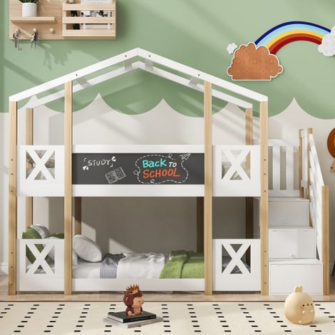 Etagenbett 90 x 200 cm,Kinderbett Baumhaus mit Treppe Stauraum und Rausfallschutz, Hochbett für Kinder– 2x Lattenrost- Natur & Weiß
