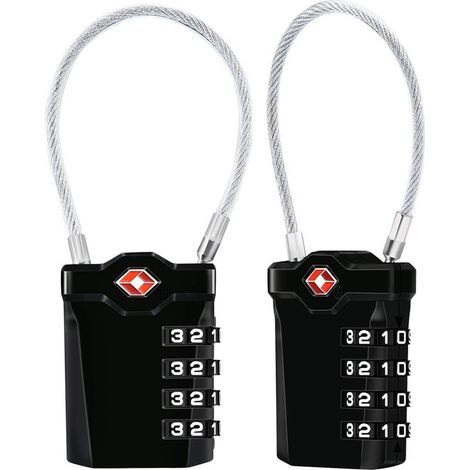 [Lot de 2] Cadenas à combinaison à 4 chiffres – Cadenas pour valise avec câble de 14 cm – Cadenas pour valise, sac, etc. (Noir) (1/4)