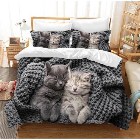 Parure de Lit Chat Imprimé Motif 140x200cm Housse de Couette avec 2 Taies d'oreiller 3D Animal Literie en Microfibre 2 chats - BY9 (1/4)