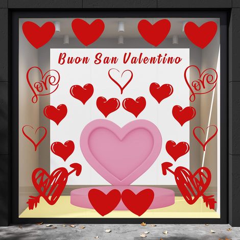 Lot de 23 autocollants en verre pour Saint-Valentin, dimensions 58 x 45 cm, motif cœurs, thème et fantaisie Saint-Valentin, décoration vitrine, pour magasins. (1/3)