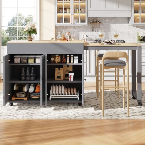 REDOM Mesa de bar extensible 117x50x94.6 cm con 6 compartimentos de almacenamiento, rieles y ruedas fijas, MDF gris (1/5)