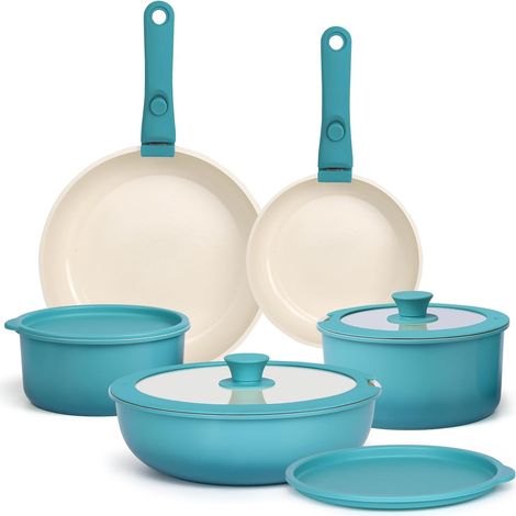 11 Pièces Set Poele et Casserole Induction Antiadhésive en Granit,Bleu Batterie de Cuisine Tout Feux, Inclure Poêle/Casserole/Wok, Poignee Amovible pour Camping, Compatible Lave-vaisselle et Fours (1/5)